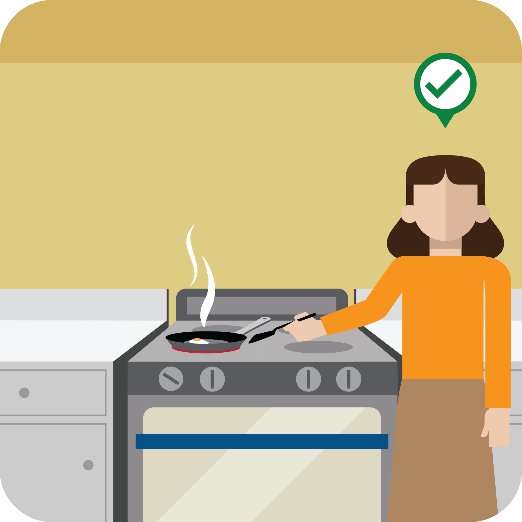 Fire prevention while cooking Stay in the kitchen when you fry, boil, grill or broil food.